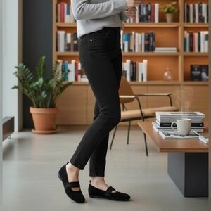 THIERRY RABOTIN women’s black suede Mary Jane ruffle strap shoes size 38.5 US 8